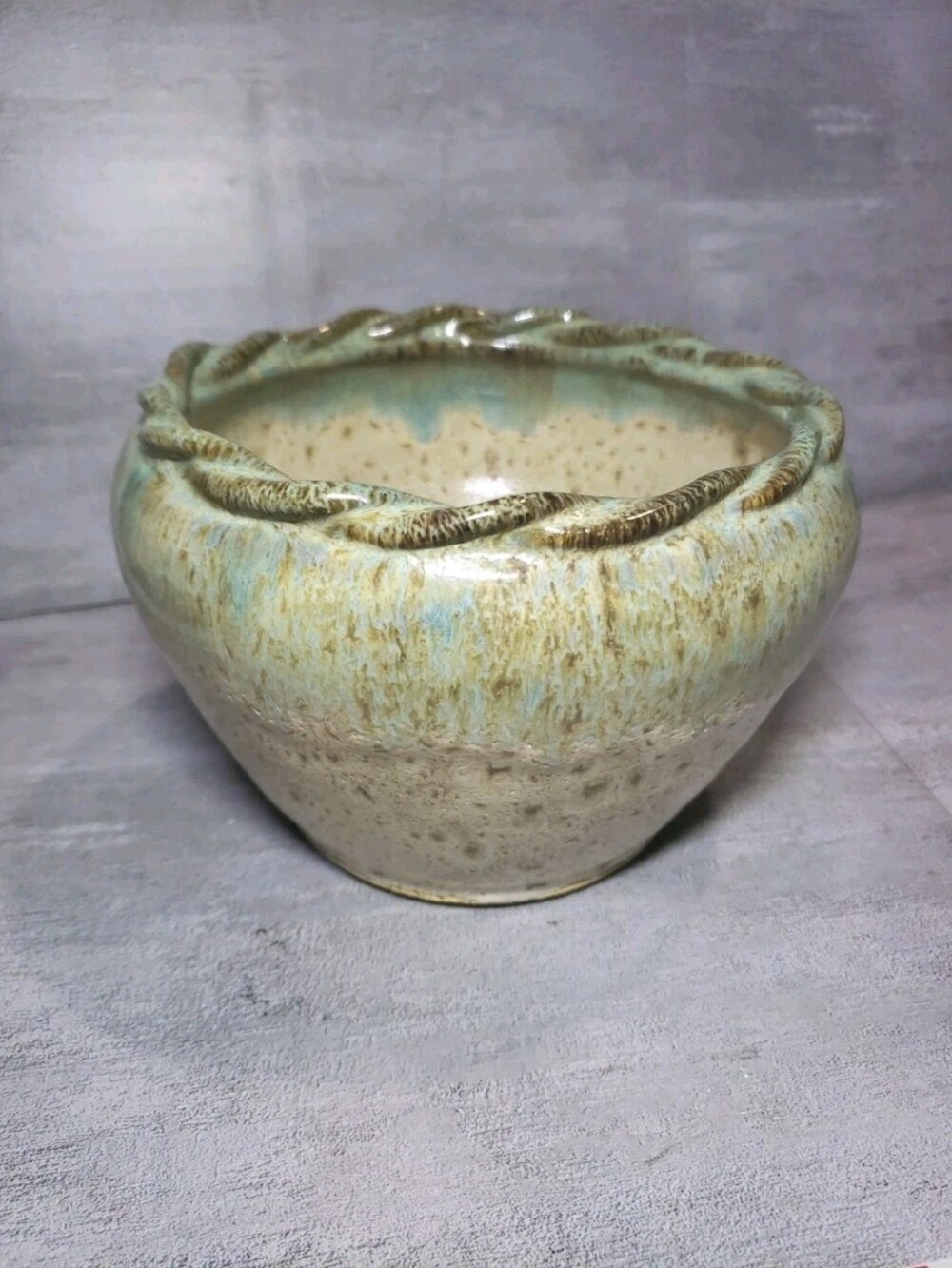 Studio Pottery Bowl Artist Signed Speckled Braided Rim
